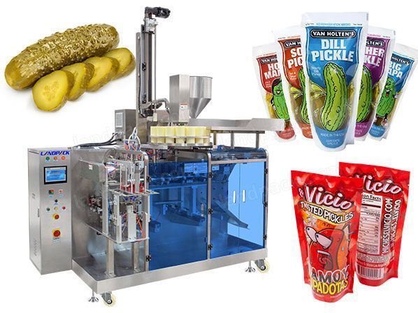 Автоматическая упаковочная машина Doypack для маринованных огурцов, моркови и готовых пакетов.
