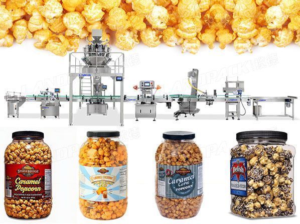 Автоматическая линия розлива сухих продуктов попкорна Granual с укупорочной этикетировочной машиной