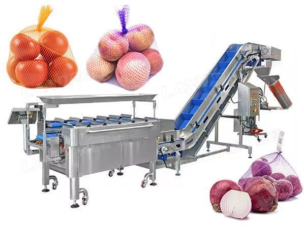 Автоматическая машина для упаковки в сетчатые пакеты для пищевых продуктов и фруктов. Машина для обрезки сетчатых пакетов.